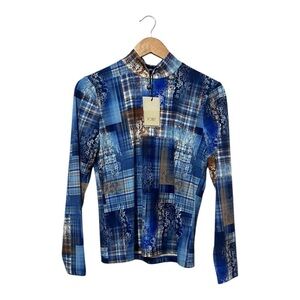 Point Women's Printed Mock Neck Top Blue Plaid Size Large Long Sleeves NWT